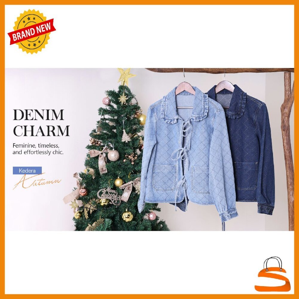Denim Jacket with Tie Front Peter Pan Collar Loose Fit Top - Picture 7 of 8